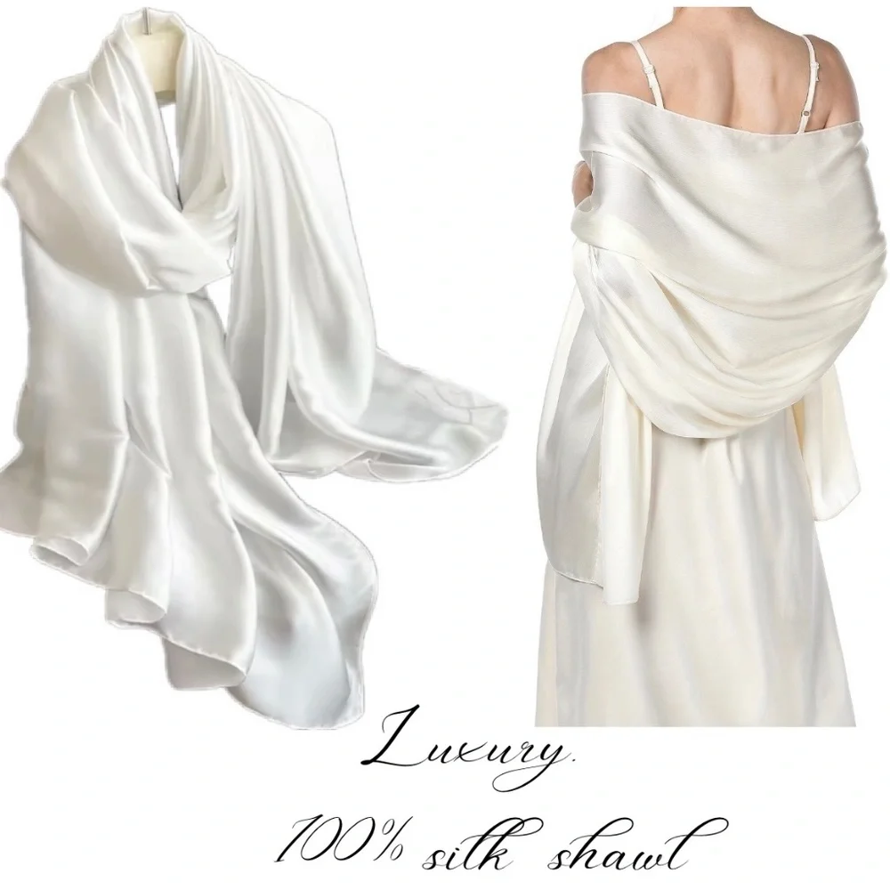 100% SILK SATIN White Large Shawl Scarf Wrap Luxury Bridal Cover up Wedding gift